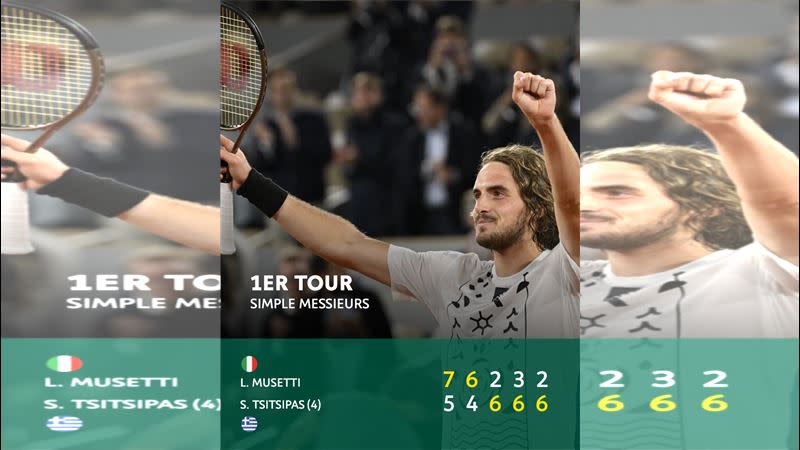 西西帕斯（Stefanos Tsitsipas）苦戰五局，逆轉得勝。（圖／翻攝自法網推特）