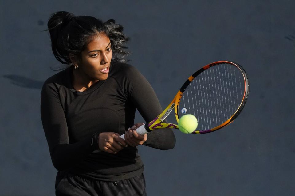 Mason's Shyla Aggarwal returns the ball during the first round of the OHSAA Division I singles state tennis tournament Friday. She went on to win the state Division I singles championship again on Saturday.