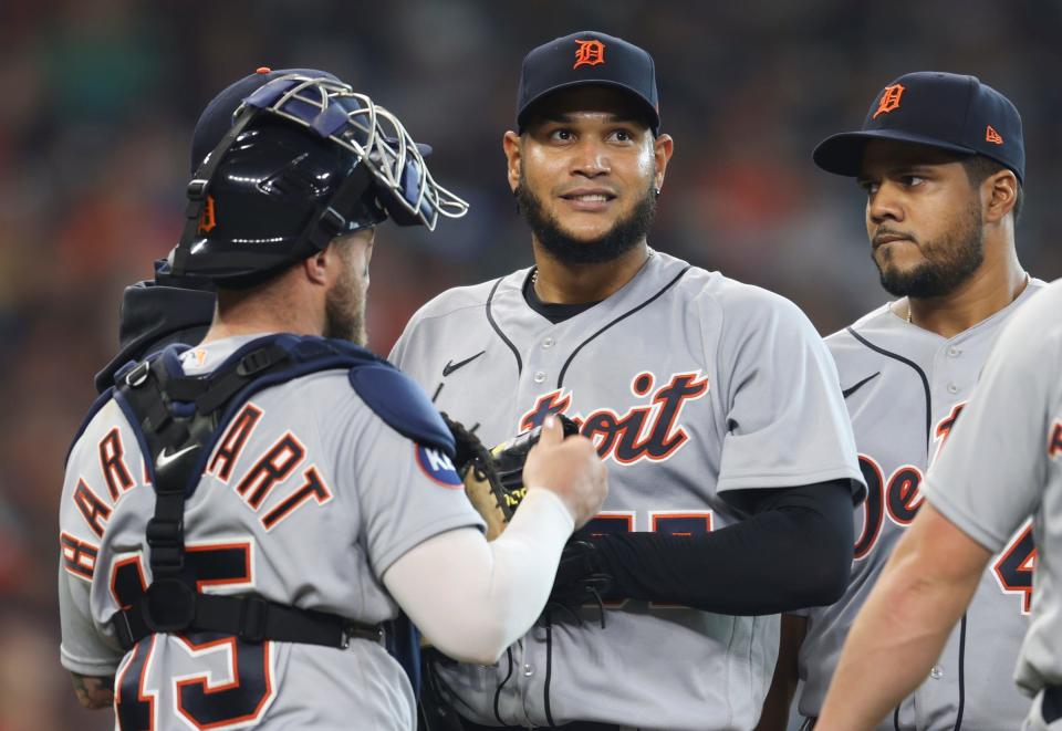 Detroit Tigers manager A.J. Hinch (14) (not pictured) pulls starting pitcher Eduardo Rodriguez (57) from the game against the Houston Astros in the seventh inning at Minute Maid Park.