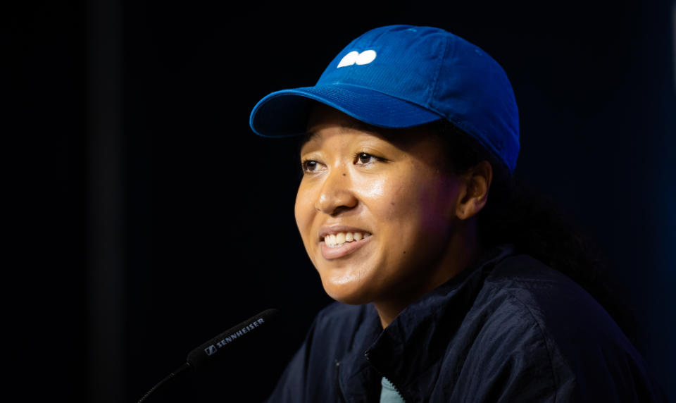 NEW YORK, NEW YORK - AUGUST 27: Naomi Osaka of Japan talks to the media ahead of the US Open Tennis Championships at USTA Billie Jean King National Tennis Center on August 27, 2022 in New York City (Photo by Robert Prange/Getty Images)