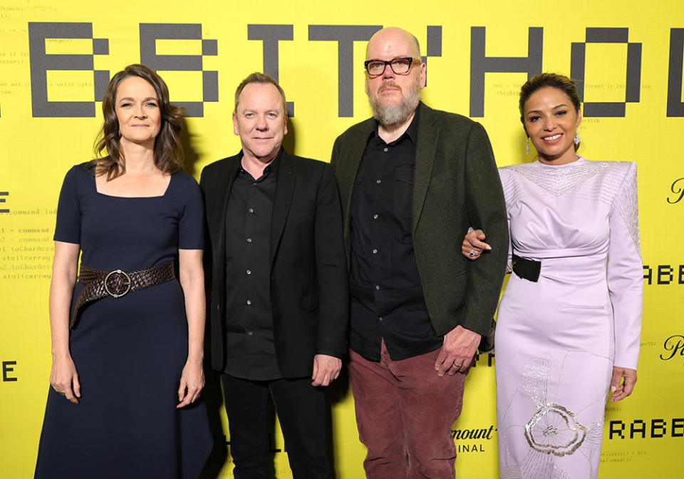 (L-R) Enid Graham, Kiefer Sutherland, John Requa and Meta Golding attend Paramount+'s "Rabbit Hole" New York Screening at Spyscape Museum & Experience on March 23, 2023 in New York City.