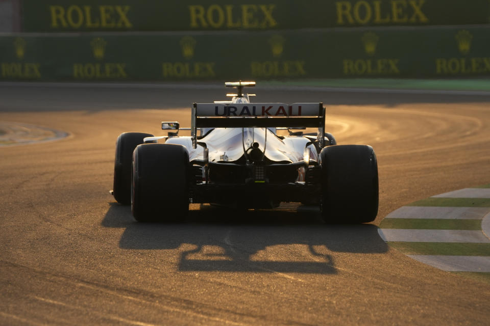 Haas driver Mick Schumacher of Germany in action during practice session for the Saudi Arabian Grand Prix in Jiddah, Saturday, Dec. 4, 2021. (AP Photo/Hassan Ammar)