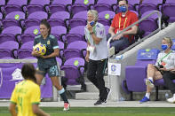 Brazil head coach Pia Sundhage, center, calls out instructions during the first half of a SheBelieves Cup women's soccer match against Argentina, Thursday, Feb. 18, 2021, in Orlando, Fla. (AP Photo/Phelan M. Ebenhack)