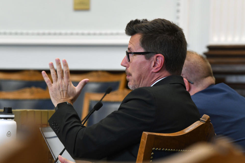 Assistant District Attorney Thomas Binger is seen during the pretrial hearing of Kyle Rittenhouse in Kenosha Circuit Court, Monday, Oct. 25, 2021, in Kenosha, Wis. Rittenhouse shot three people, killing two of them, during a protest against police brutality in Kenosha in August 2020. (Mark Hertzberg/Pool Photo via AP)