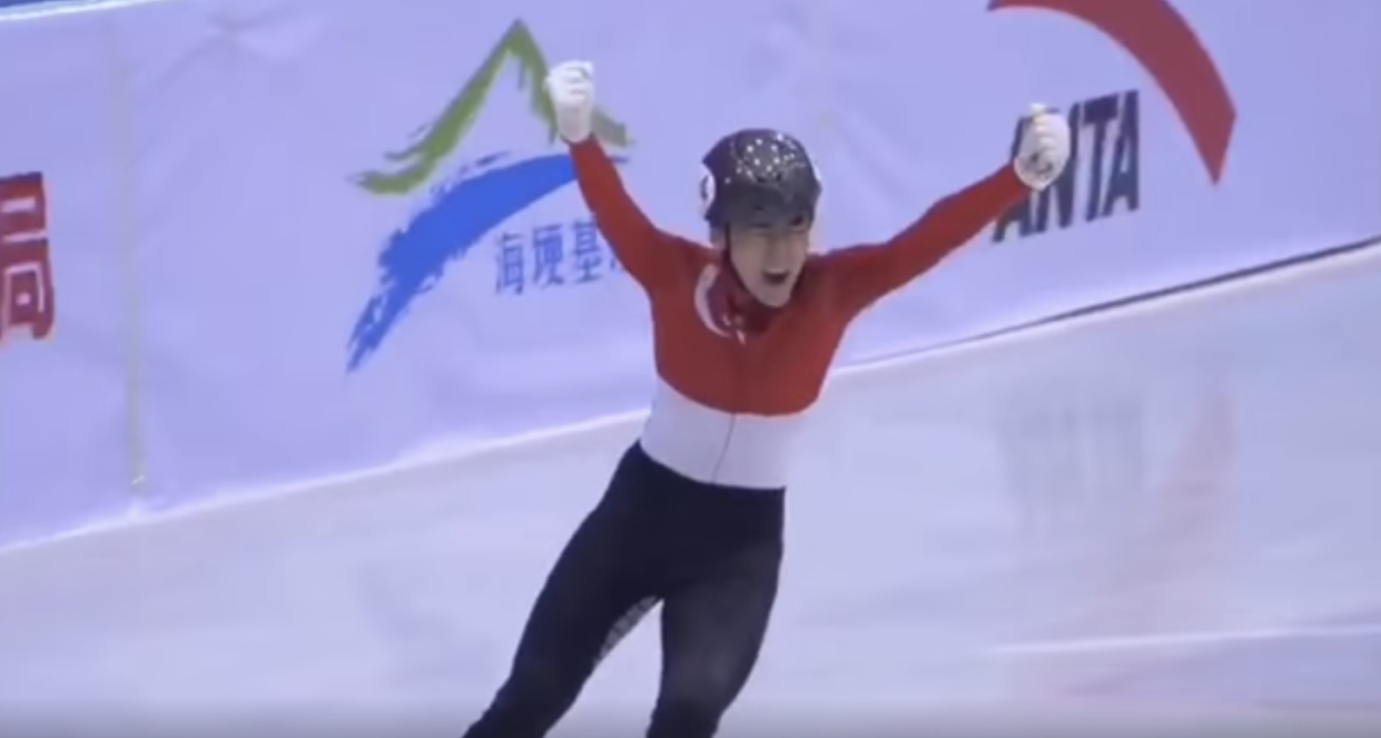 (SCREENSHOT: Singapore speed skater Trevor Tan after winning the 2019 Asian Open Short Track Speed Skating Trophy 1000m Junior B Men's Category/Team Singapore Facebook)