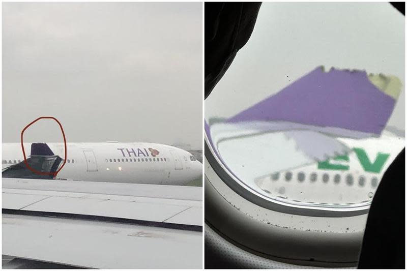 長榮航空班機上午在羽田機場，遭泰航班機觸碰，目前正配合日方調查中。（翻攝自推特）