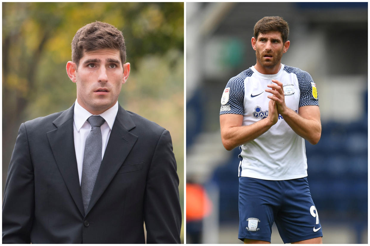 Ched Evans during his retrial in 2016, left, and playing for Preston this month, right. (Getty Images)