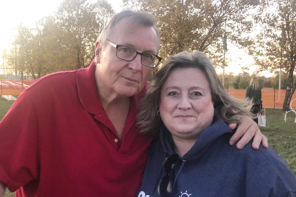 Christine and Randy Varwig attend an event with Ohio’s Democratic Senate hopeful Tim Ryan, Saturday, Oct. 22, 2022, in Toledo, Ohio. (AP Photo/Jill Colvin)