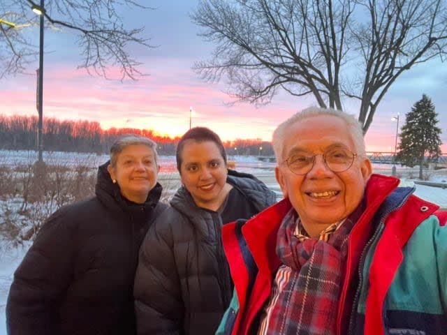 Maria Fernanda Maxil Platas, centre, poses with her parents José Antonio Maxil, 72, and Magdelena Platas, 65, during their recent visit to the Ottawa area.  (Submitted by Maria Fernanda Maxil Platas - image credit)