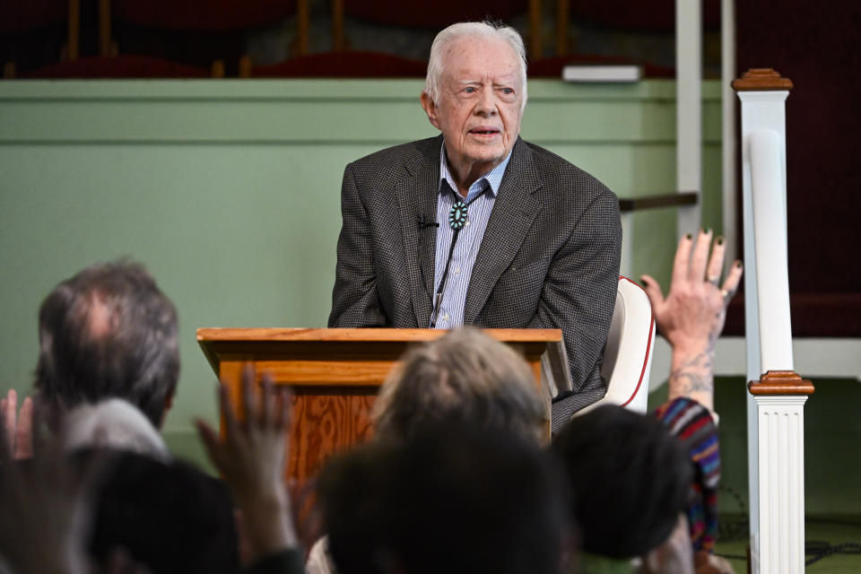 Former U.S. President Jimmy Carter teaches Sunday school at Maranatha Baptist Church, Sunday, Nov. 3, 2019, in Plains, Ga. (AP Photo/John Amis)