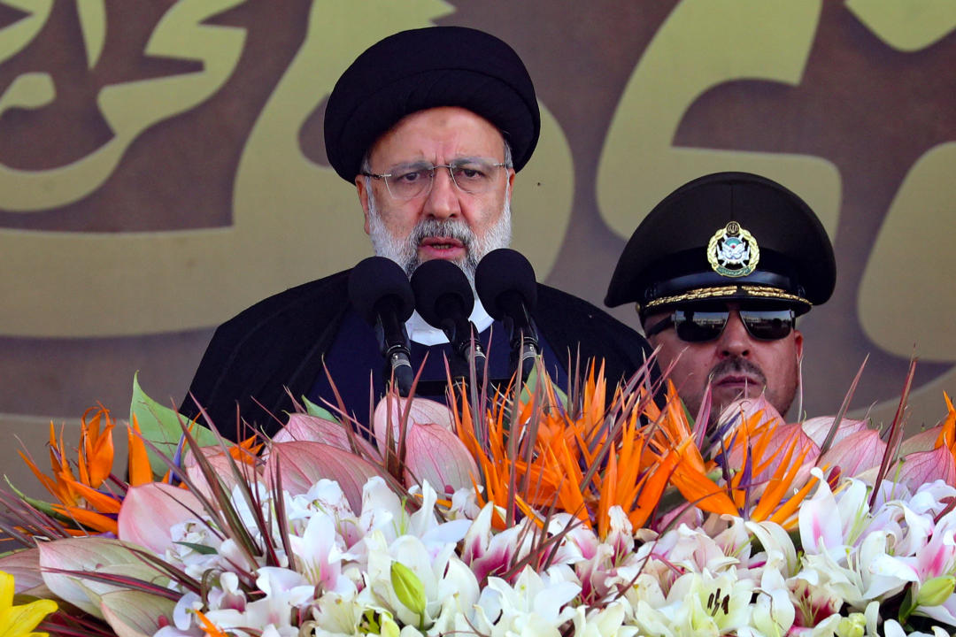 Iran's President Ebrahim Raisi delivers a speech during the annual military parade marking the anniversary of the outbreak of the devastating 1980-1988 war with Saddam Hussein's Iraq, in Tehran on September 22, 2023. (Photo by AFP) (Photo by -/AFP via Getty Images)