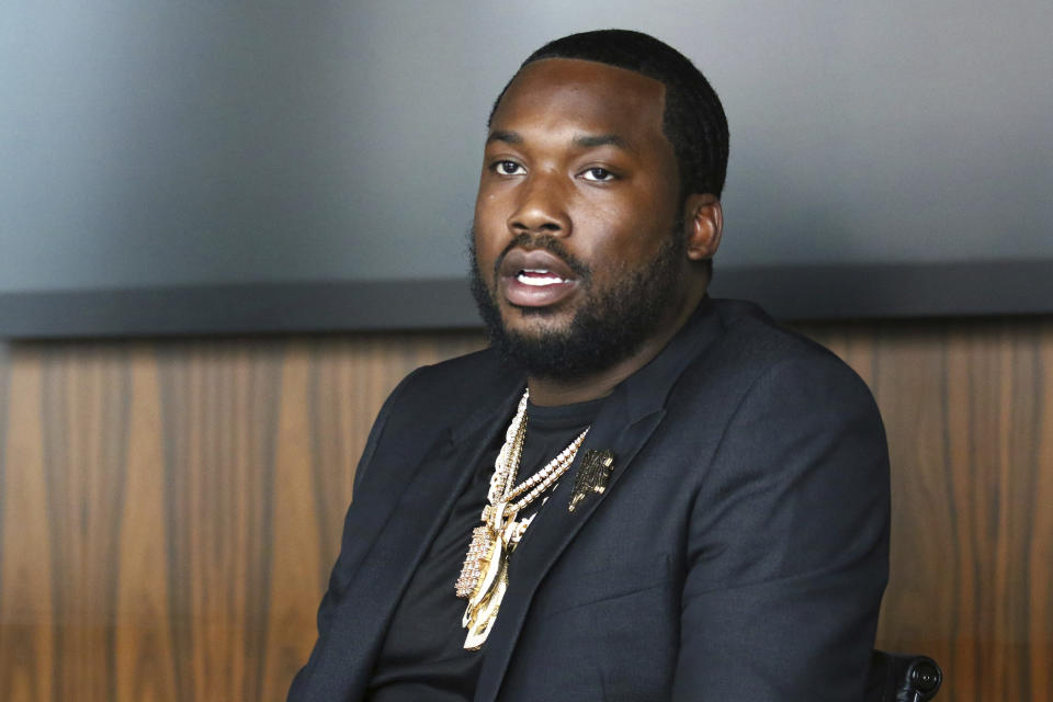 Meek Mill makes an announcement of the launch of Dream Chasers record label in joint venture with Roc Nation, at the Roc Nation headquarters on Tuesday, July 23, 2019, in New York. (Photo by Greg Allen/Invision/AP)