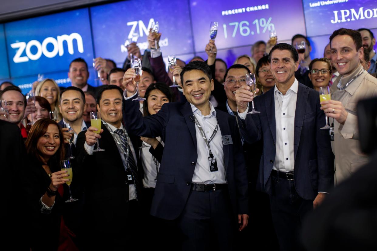 GettyImages 1137877413 NEW YORK, NY - APRIL 18: Zoom founder Eric Yuan make a toast after the Nasdaq opening bell ceremony on April 18, 2019 in New York City. The video-conferencing software company announced it's IPO priced at $36 per share, at an estimated value of $9.2 billion. (Photo by Kena Betancur/Getty Images)