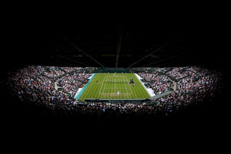 <p>A general view from the stands as Grigor Dimitrov of Bulgaria faces Gilles Simon of France in the Men’s Singles second round match on day four of the Wimbledon Lawn Tennis Championships at the All England Lawn Tennis and Croquet Club on June 30, 2016 in London, England. (Photo by Julian Finney/Getty Images)</p>