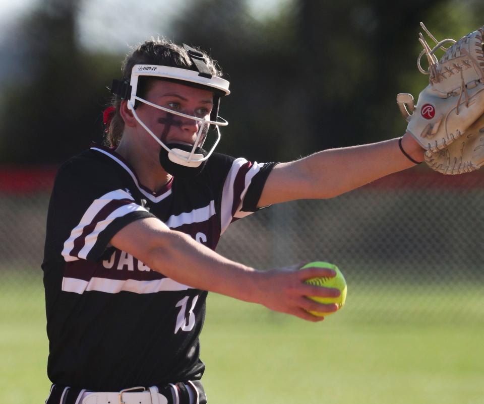 Appoquinimink's Savannah Laird pitches in Appoquinimink's 5-1 win Tuesday, April 12, 2022 at William Penn High School.