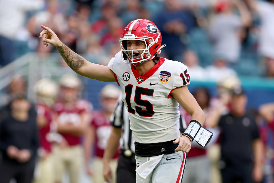 Carson Beck and the Georgia Bulldogs are one of the biggest favorites to win it all this season. (Megan Briggs/Getty Images)