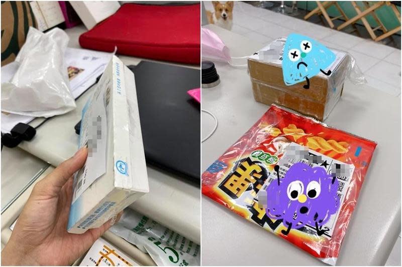 網友網購竟收到「便當盒」和「可樂果」袋子包裝的商品。（翻攝自爆怨公社）