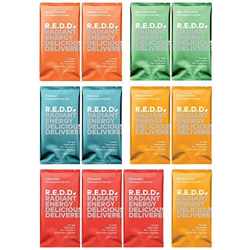 R.E.D.D. Vegan Protein Bar, Variety Pack, 12 Bars, Healthy Snack with 10g Plant-Based Protein, Low Sugar, Gluten-Free, Dairy-Free, High Fiber, Probiotics