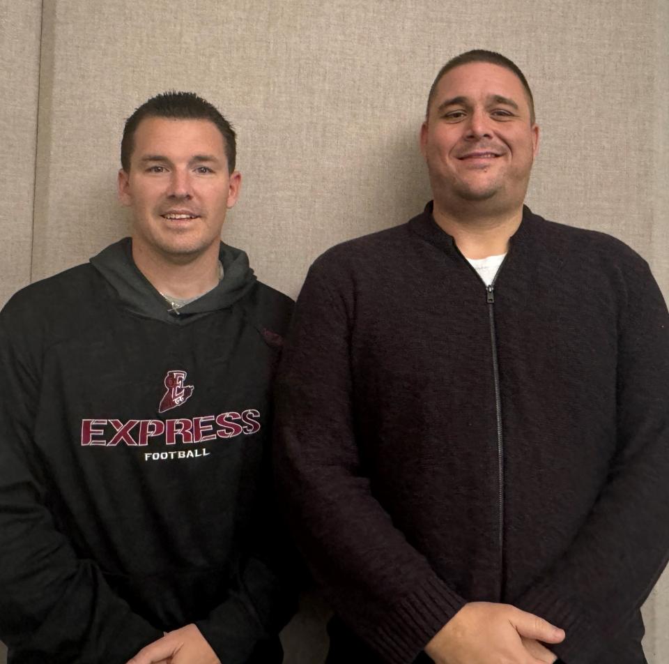 Elmira varsity football coach Jimmy McCauley, left, and assistant Dave Holleran have worked together as teammates and colleagues since their days playing youth sports.