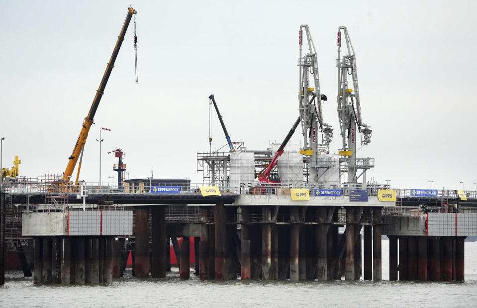 Exterior view of the construction site of the 'Uniper' LNG (Liquefied Natural Gas) terminal in Wilhelmshaven, Germany, Tuesday, Nov. 15, 2022. (AP Photo/Michael Sohn)