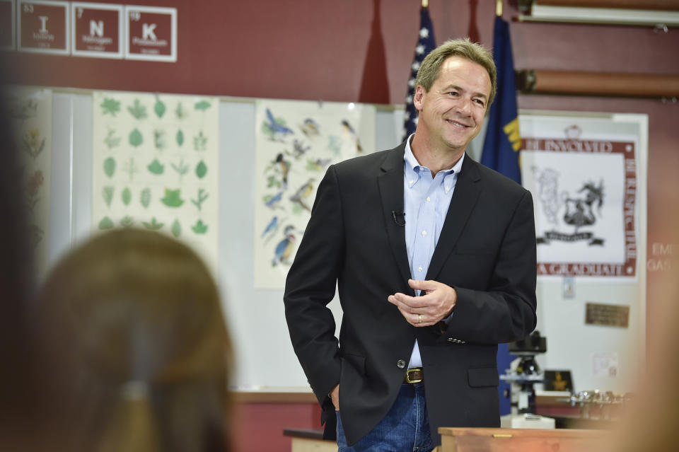Montana Gov. Steve Bullock, Democratic presidential candidate, officially announces his campaign for president Tuesday, May 14, 2019, at Helena High School in Helena, Mont. (Thom Bridge/Independent Record via AP)