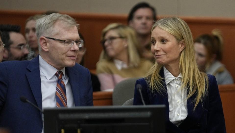  Actor Gwyneth Paltrow and attorney Steve Owens react as the verdict is read in her civil trial over a collision with another skier on March 30, 2023, in Park City, Utah. - Getty Images