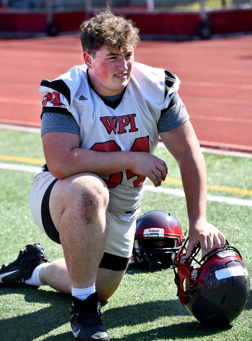 WPI sophomore lineman Billy Tyrrell takes a breather during a recent practice.