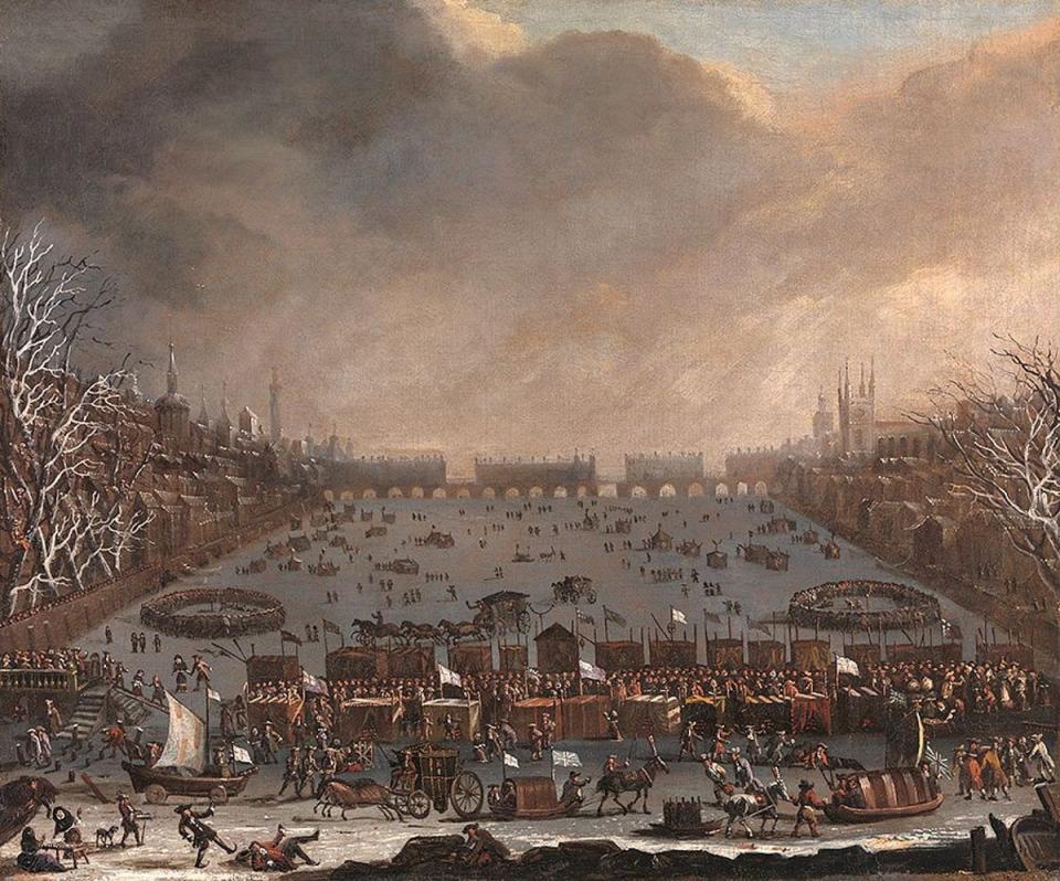 Frost Fair on the Thames, with Old London Bridge in the distance, 1684 (e Center for British Art; public domain)