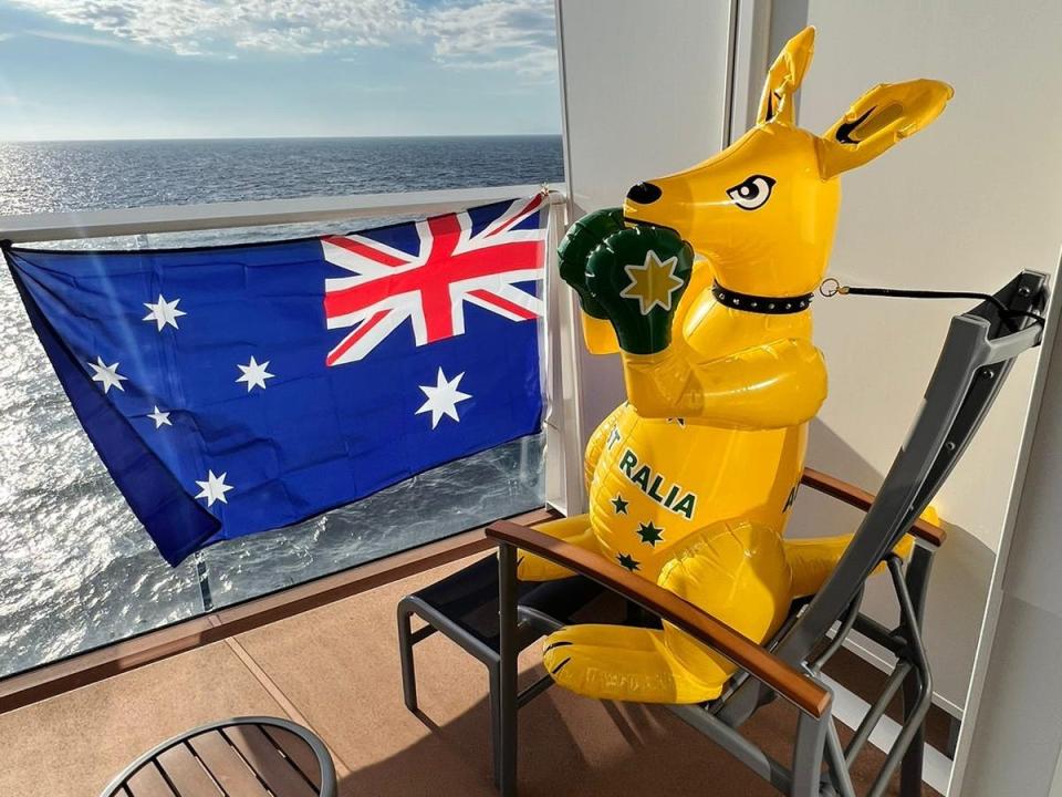 australian flag and inflatable kangaroo on a balcony