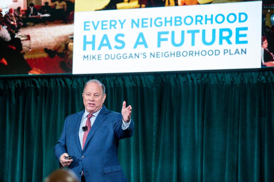 Detroit Mayor Mike Duggan speaks during the State of the City address at Dexter Avenue Baptist Church in Detroit on Wednesday, April 17, 2024.