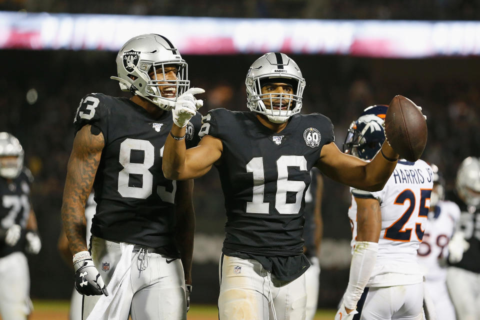 OAKLAND, CALIFORNIA - SEPTEMBER 09: Tyrell Williams #16 of the Oakland Raiders reacts after making a play for first down in the fourth quarter against the Denver Broncos at RingCentral Coliseum on September 09, 2019 in Oakland, California. (Photo by Lachlan Cunningham/Getty Images)