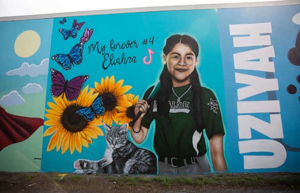 PHOTO: A mural in honor of Eliahna A. Torres covers the wall of a building in downtown Uvalde, Texas, Aug. 21, 2022. (Kat Caulderwood/ABC News)