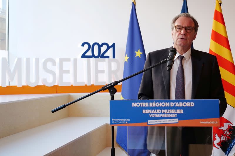 Renaud Muselier, president of the regional assembly and candidate for the regional elections in PACA, speaks during a news conference in Marseille