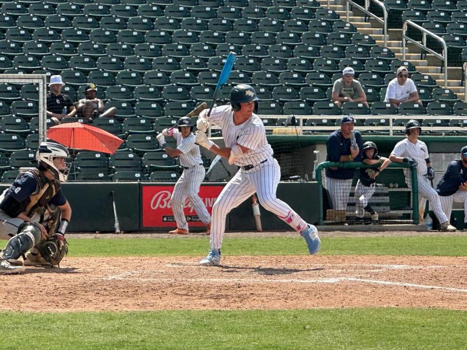 North Broward Prep’s Riley Luft stands in just before hitting a one-out triple that started a five-run rally in the bottom of the seventh inning, which sent the Eagles to a 5-4 victory over Gulliver Prep Friday in a Class 3A state semifinal at Hammond Stadium in Fort Myers.