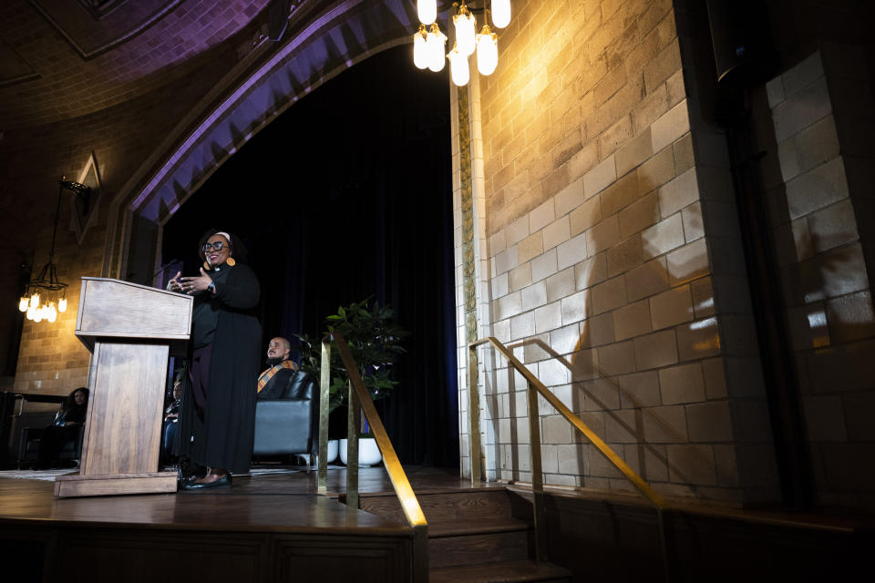 Rev. Jamie Eaddy-Chism, speaks during a public commemoration service for 19 unidentified Black Philadelphians whose remains were part of a display at the University of Pennsylvania's Penn Museum on Saturday, Feb. 3, 2024, in Philadelphia. As part of a growing effort among museums to reevaluate the curation of human remains, the Ivy League school laid some of the remains to rest last week. (AP Photo/Joe Lamberti)