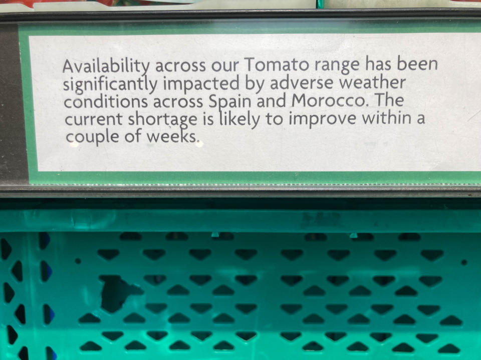 Empty tomato shelves at Morrisons in Birmingham on Monday. (SWNS) 