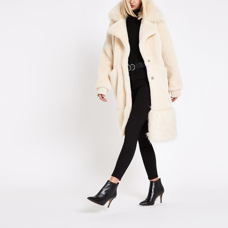 RI Studio Cream Faux Fur Collar Teddy Coat (Photo: River Island)