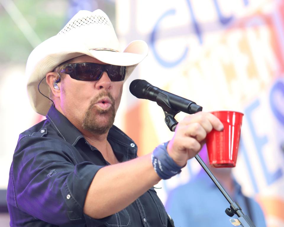 Toby Keith holds a red Solo cup as he performs on NBC's "Today" show at Rockefeller Plaza on July 5, 2019, in New York.