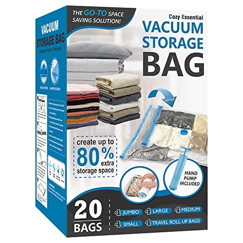 20 Pack Vacuum Storage Bags, Space Saver Bags (4 Jumbo/4 Large/4 Medium/4 Small/4 Roll) Compression for Comforters and Blankets, Sealer Clothes Storage, Hand Pump Included (AMAZON)