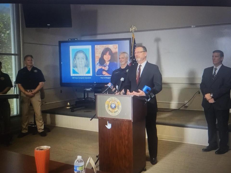 Lafourche Parish Sheriff Craig Webre and St. Tammany Parish Coroner Dr. Charles Preston present side-by-side image of LSU Forensic Anthropology Computer Enhancement Service and a photo of Paula Boudreaux, who went missing 37-years-ago. The generated image gave a breakthrough in Boudreaux's cold case which is now suspected to have criminal involvement.