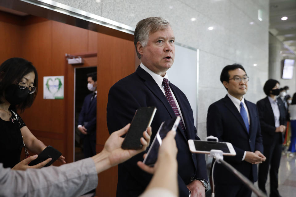 U.S. Deputy Secretary of State Stephen Biegun, center, speaks to the media beside his South Korean counterpart Lee Do-hoon after their meeting at the Foreign Ministry in Seoul Wednesday, July 8, 2020. Biegun is in Seoul to hold talks with South Korean officials about allied cooperation on issues including North Korea. (Kim Hong-ji/Pool Photo via AP)