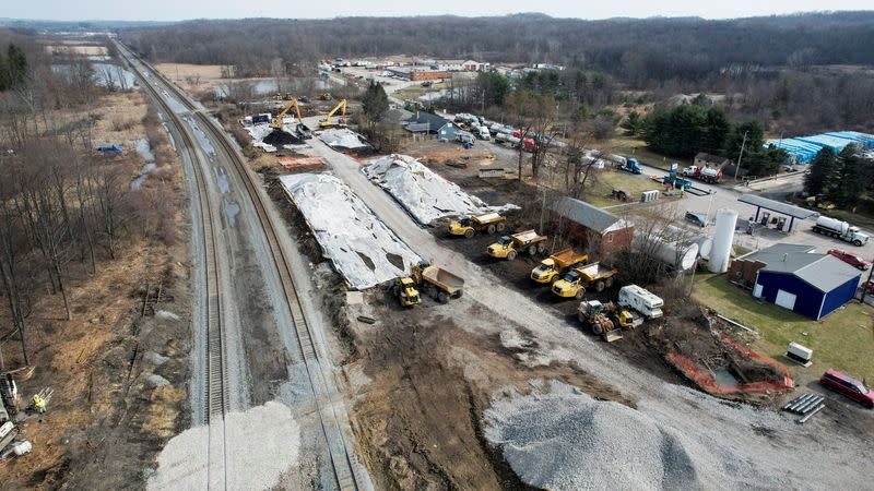 Site of the derailment of a train carrying hazardous waste, in East Palestine, Ohio