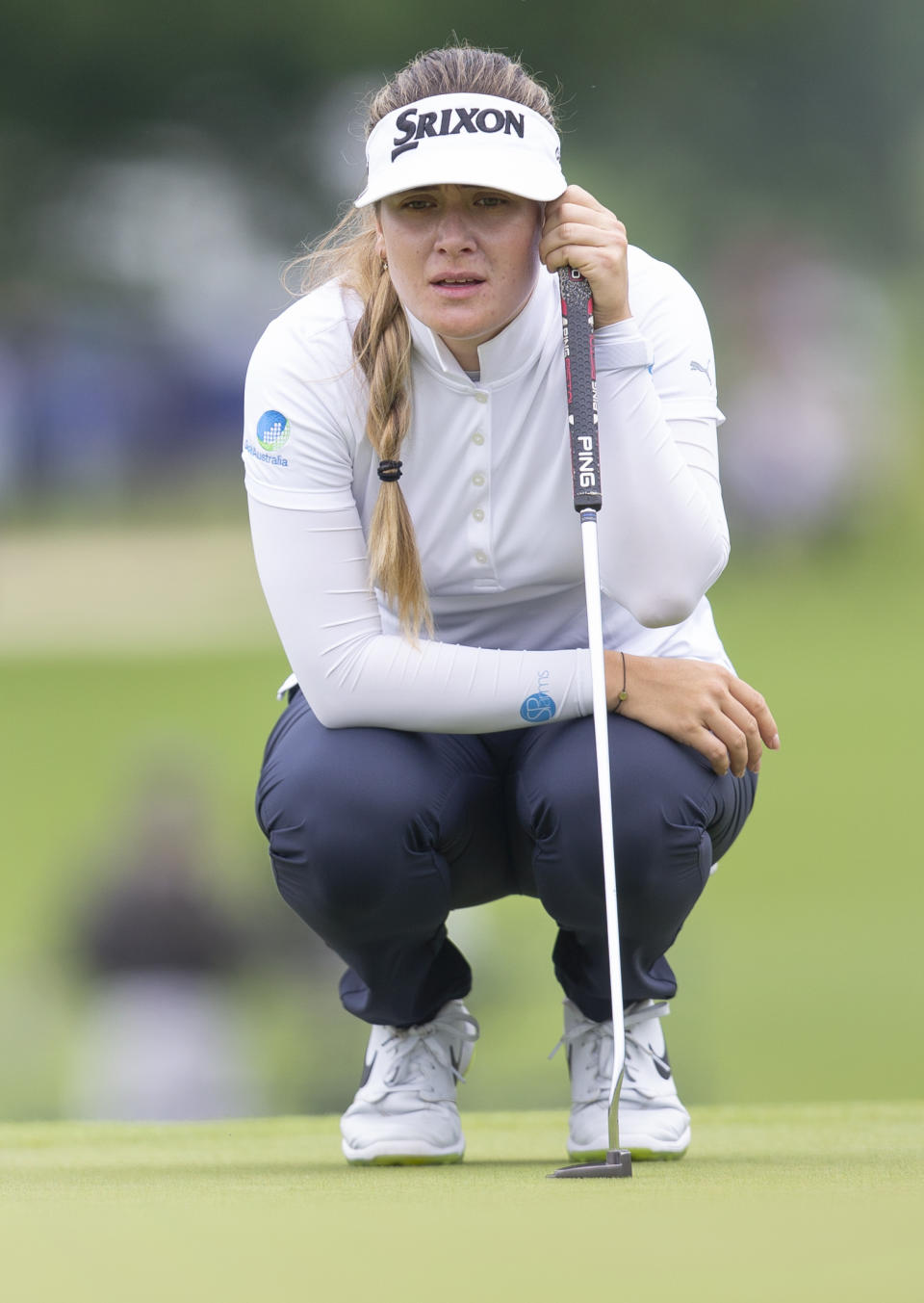 Hannah Green, of Australia, studies the green on the ninth hole during the final round of the KPMG Women's PGA Championship golf tournament, Sunday, June 23, 2019, in Chaska, Minn. (AP Photo/Andy Clayton-King)