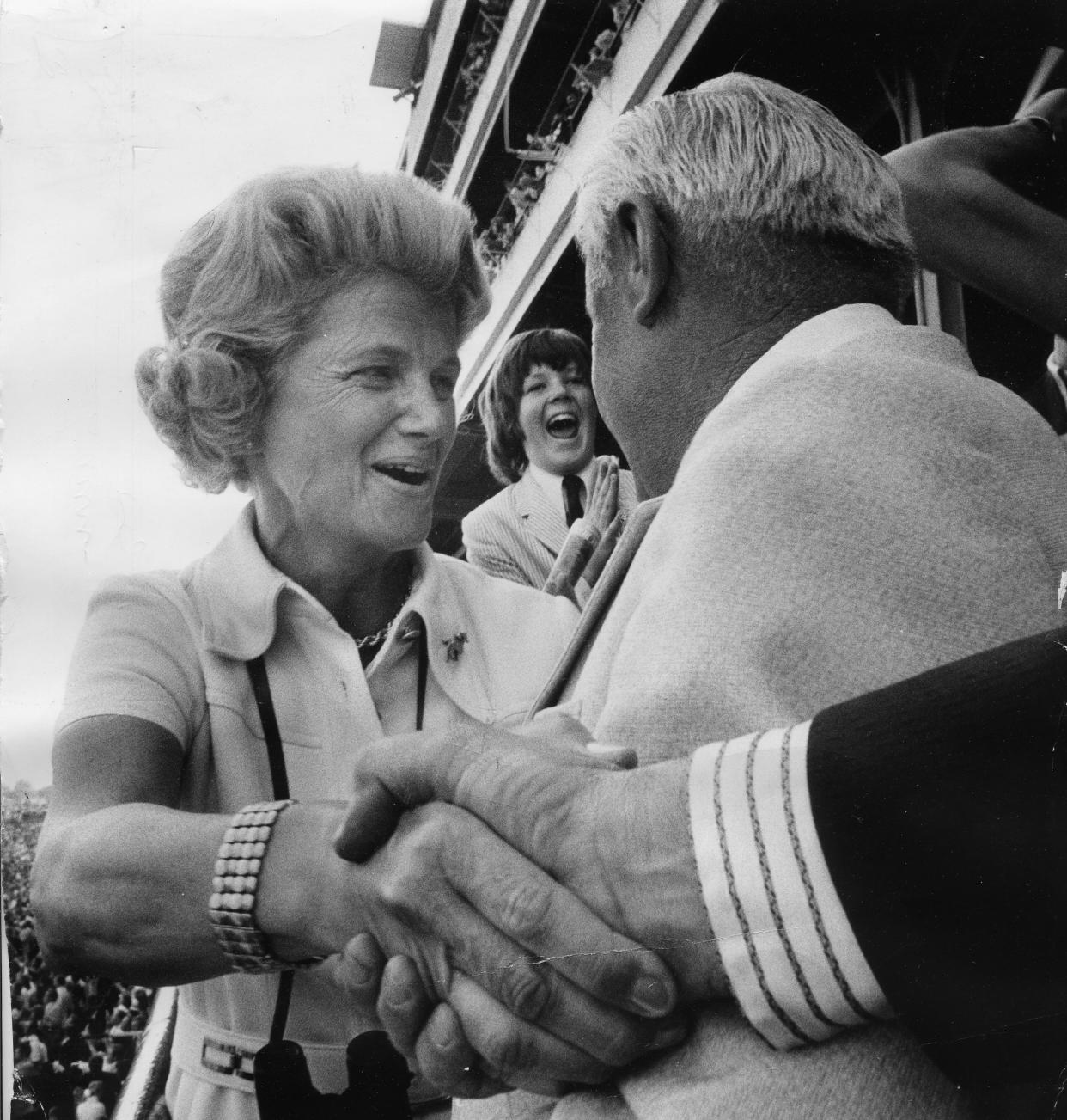 Helen Bates "Penny" Chenery Tweedy and Lucien Laurin congratulate each other after Secretariat won the 1973 Kentucky Derby.