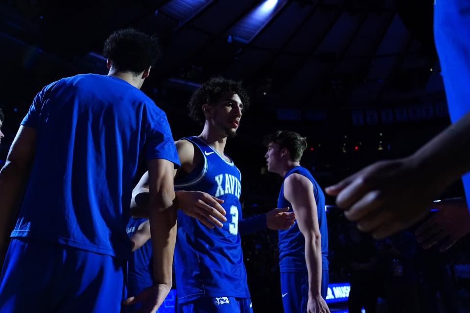 Xavier Musketeers guard Colby Jones (3) is introduced before the first half of an NCAA college basketball game against the Marquette Golden Eagles during the championship round of the Big East Conference tournament, Saturday, March 11, 2023, at Madison Square Garden in New York. 