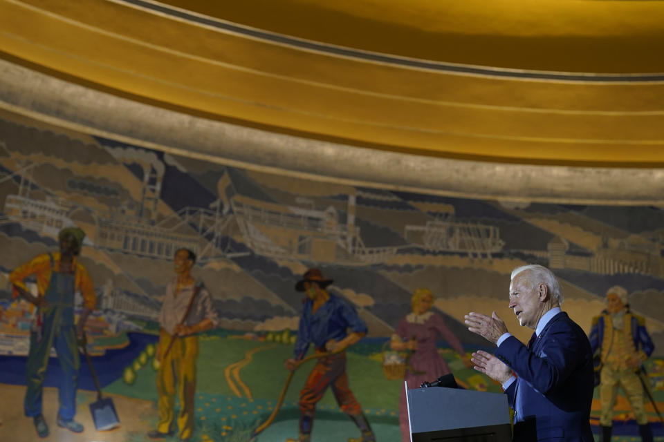 Democratic presidential candidate former Vice President Joe Biden speaks at Cincinnati Museum Center at Union Terminal in Cincinnati, Monday, Oct. 12, 2020. (AP Photo/Carolyn Kaster)