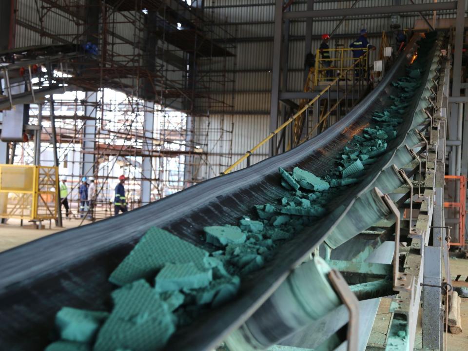 A conveyor belt carries chunks of cobalt in 2018.