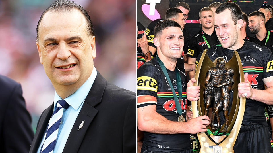 Pictured left is Peter V'landys and the 2021 NRL premiership-winning Panthers on the right.