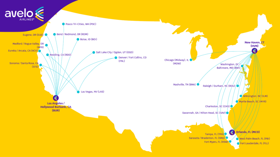 The Avelo Airlines route map as of May 2022. The airline has two primary hubs: Tweed New Haven Airport in Connecticut and Hollywood Burbank Airport in Los Angeles.
