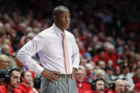 FILE - In this Jan. 22, 2020, file photo, Dayton head coach Anthony Grant watches his players from the bench during the second half of an NCAA college basketball game against St. Bonaventure, in Dayton, Ohio. Grant was named the AP coach of the year, Tuesday, March 24, 2020. (AP Photo/John Minchillo, File)